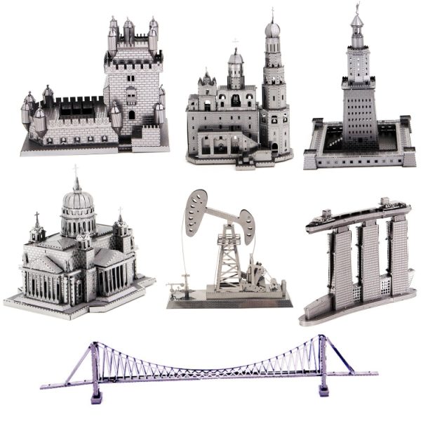 3 PCS 3D Metal Assembly Model World Building DIY Puzzle Toy, Leaning Tower of Pisa, Big Ben, Golden Gate Bridge, Empire State Building, White House, Five-storied Pagoda, Brooklyn Bridge, Carousel, American Tower, Kennedy Arts Center, Washington Monument, Arab star, Tokyo Railway Station, Ferris Wheel, Chrysler Building, Seattle Space Needle, Burj Khalifa, Sundial Bridge, U.S. Congress, Temple Of Athens, Greece, Tokyo Tower, Canadian Television Tower, Rockefeller Building, Javits Convention Center, Eiffel Tower In Paris, Neuschwanstein, Lighthouse, Auckland Sky Tower, World Trade Center, Tower Bridge, Brandenburg Gate, Dutch Windmills, Sydney Opera House, Locomotive, Motor Car, Space Mountain, Ghost Car, Sleeping Beauty Castle, Pumpkin Car, Ghost Castle, Belem Tower, Bosphorus Bridge, Buckingham Palace, Cable Car, Knotts Football Stadium, Drilling An Oil Well, Moscow Federal Building, Spinning Ferris Wheel, Galata, Turkey, Hong Kong Bank Of China Tower – Image 4