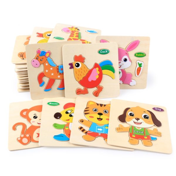 5 PCS Children Wooden 3D Puzzle Baby Educational Early Education Toys, Kitten, Mouse, Cock, Puppy, Little Monkey, Pony, Bunny, Giraffe, Little Duck, Bear, Elephant, Dragonfly, Bee, Butterfly, Tortoise, Dolphin, Goldfish, Crab, Dinosaur, Caterpillar, Helicopter, Aircraft, Bus, Steamship - Image 2