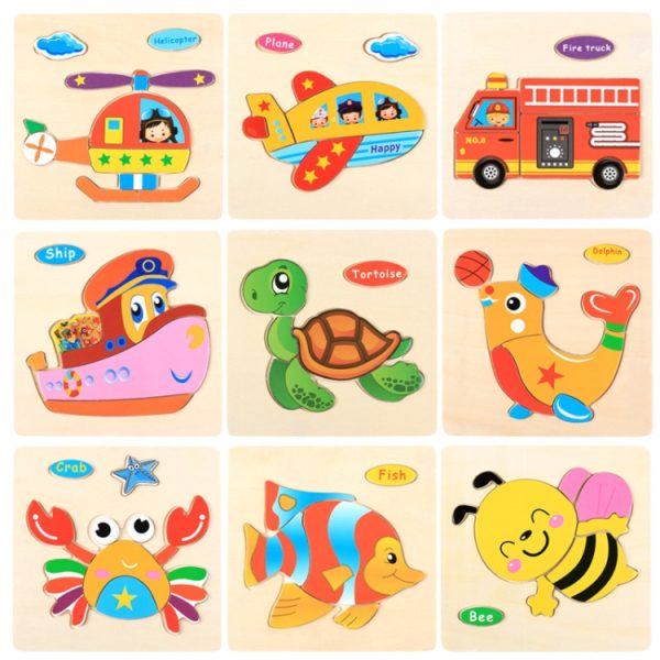 5 PCS Children Wooden 3D Puzzle Baby Educational Early Education Toys, Kitten, Mouse, Cock, Puppy, Little Monkey, Pony, Bunny, Giraffe, Little Duck, Bear, Elephant, Dragonfly, Bee, Butterfly, Tortoise, Dolphin, Goldfish, Crab, Dinosaur, Caterpillar, Helicopter, Aircraft, Bus, Steamship - Image 3