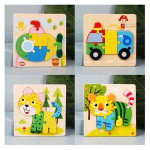 4 PCS / Sets Of Children Early Education Three-Dimensional Wooden Animal Puzzle Toys, Tiger + Kitten + Submarine + Ambulance, Elephant + Hippo + Whale + Ocean Fish, Panda + Bear + Rocket + Ship, Duck + Dragonfly + Rhino + Pony