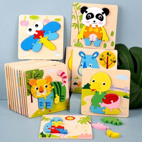 4 PCS / Sets Of Children Early Education Three-Dimensional Wooden Animal Puzzle Toys, Tiger + Kitten + Submarine + Ambulance, Elephant + Hippo + Whale + Ocean Fish, Panda + Bear + Rocket + Ship, Duck + Dragonfly + Rhino + Pony - Image 2