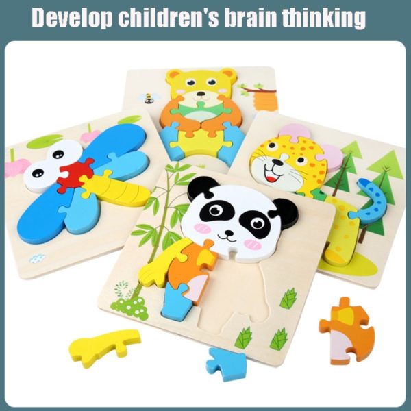 4 PCS / Sets Of Children Early Education Three-Dimensional Wooden Animal Puzzle Toys, Tiger + Kitten + Submarine + Ambulance, Elephant + Hippo + Whale + Ocean Fish, Panda + Bear + Rocket + Ship, Duck + Dragonfly + Rhino + Pony - Image 6