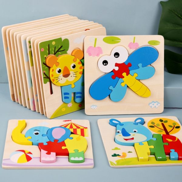 4 PCS / Sets Of Children Early Education Three-Dimensional Wooden Animal Puzzle Toys, Tiger + Kitten + Submarine + Ambulance, Elephant + Hippo + Whale + Ocean Fish, Panda + Bear + Rocket + Ship, Duck + Dragonfly + Rhino + Pony - Image 8