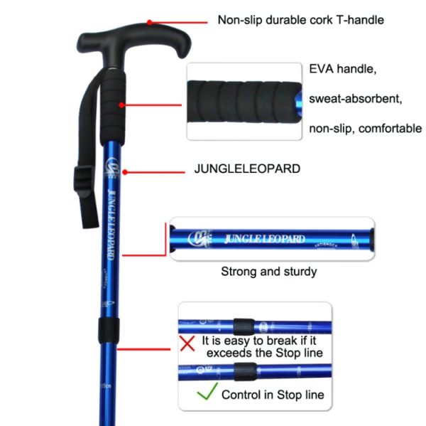 JUNGLELEOPARD Four-Section Curved Handle Aluminum Alloy Trekking Pole, Silver White#52-110cm, Red#52-110cm, Black#52-110cm, Blue#52-110cm – Image 4
