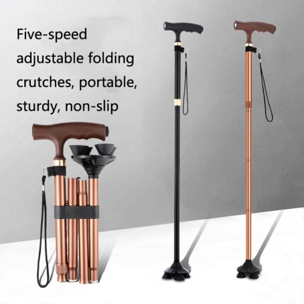 TBS-009 Four-Legged Folding Elderly Crutches Aluminum Alloy Light And Multifunctional Non-Slip Crutches With Light, TBS-009(Black), TBS-009(Brown) - Image 2