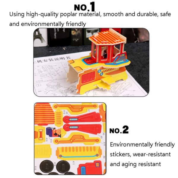 3 PCS 512 Children Wooden Assembled Car Engineering Vehicle Excavator Assembling Toy, Mining Vehicle, Forklift, Cleaners, Bulldozer, Excavator - Image 4