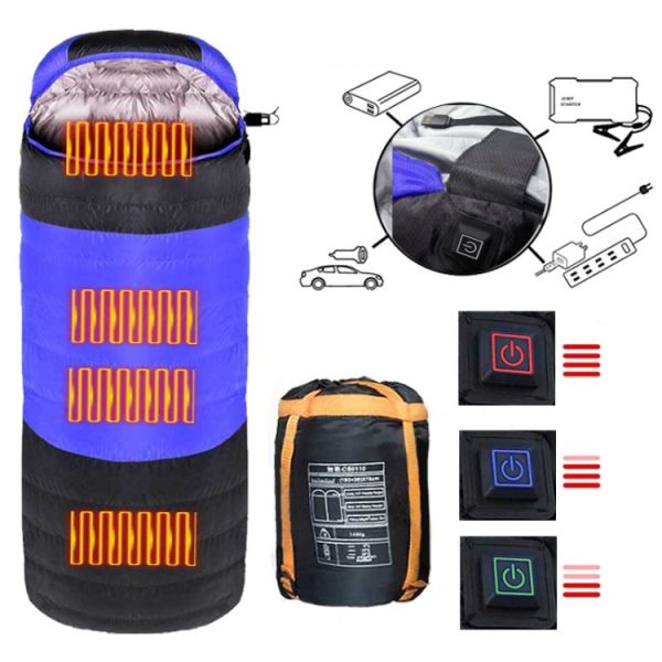 USB Electric Heating Down Cotton Sleeping Bag 3-speed Temperature Adjustment, (180+30)x75cm Blue, (180+30)x75cm Orange - Image 2