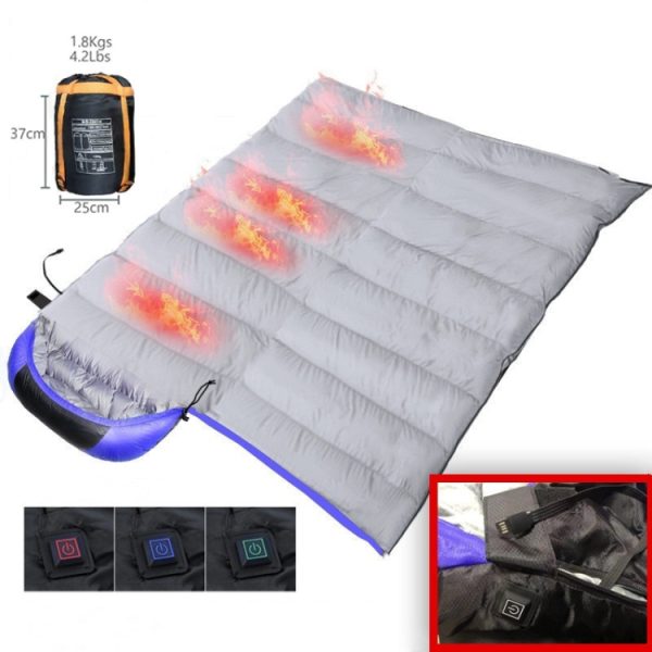 USB Electric Heating Down Cotton Sleeping Bag 3-speed Temperature Adjustment, (180+30)x75cm Blue, (180+30)x75cm Orange - Image 3