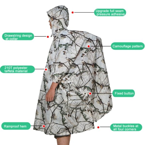 Outdoor 3-in-1 Rain Poncho Riding Backpack Cover Camping Canopy Mat 2.1x1.43m, 2.1x1.43m (Snowfield Camouflage) – Image 4