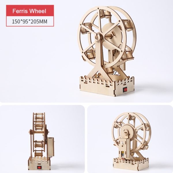 Wooden Mechanical Puzzle Toys Science Electric Assembling Toys ,Style:, Ferris Wheel, Hand Shake Music Box, Music Housing, Small Electric Fan, Alarm Clock, Rotating Trojan - Image 5