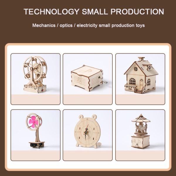 Wooden Mechanical Puzzle Toys Science Electric Assembling Toys ,Style:, Ferris Wheel, Hand Shake Music Box, Music Housing, Small Electric Fan, Alarm Clock, Rotating Trojan - Image 2